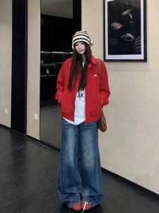 Retro Washed American High Street Folded Deep Blue Denim Pants Womens Loose Wide Leg Floor-Length Trousers Autumn Spring