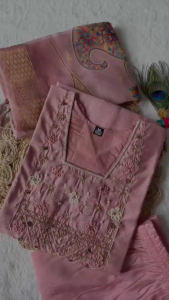 [PRE-ORDER] Size M to 2XL KURTI WITH PANT:- ROMAN SILK WITH HEAVY EMBROIDERED WORK 3PCS sets_369_Light Pink