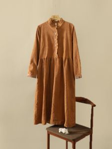 ชุดเดรสคอตตอนคอตตอนปักลายสไตล์วินเทจฤดูใบไม้ร่วง เอวหลวมแขนยาว ชุดเดรสยาวทรงเอเข้ารูป