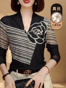 Elegant Ladies Silk Shirt Long Sleeve Floral Print V-Neck Commute Style Regular Fit Fashionable  Silk Top