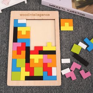 New 1 Set Wooden Blocks Puzzle Brain Teasers Toy Tangram Jigsaw Intelligence Colorful 3D Russian Blocks Montessori Educational