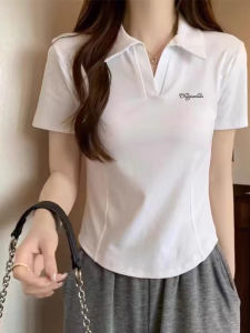 Pure Cotton Short Sleeve T-Shirt Womens Summer Slim Fit V-Neck Polo Collar Short Length Top Korean Style Casual Commute Wear
