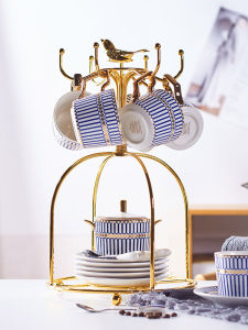 Elegant European Vintage Blue Stripe Ceramic Coffee Cup And Plate Set with Stand High End Luxury Home Use Fine Court Style Tea Set