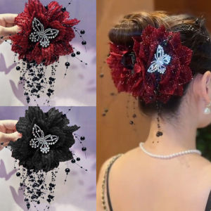 1pcs Romanric Fabric Floral Rhinestones Butterfly Tassel Party Grip Clip Fluffy Hair Claw Women Girls Headwear