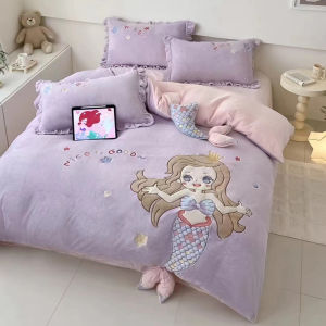 High End Disney Elsa Princess Milk Velvet Four Piece Set Cat Licking Bed Sheets Children Girls Bedding Winter Warm Polyester