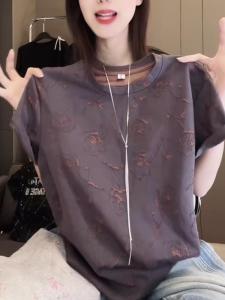 Unique Beautiful Summer Top round Neck Short Sleeve Womens T-shirt Vintage Rose Color Coffee Retro Anti-aging round Neck T-shirt