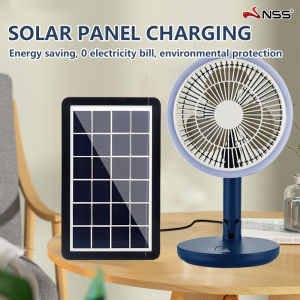 Nss solar electric fan 8 inch foldable USB Rechargeable portable Table Fan LED Light Small Multi-function Fan Stand Mini Desk Fan sale promo with solar panel