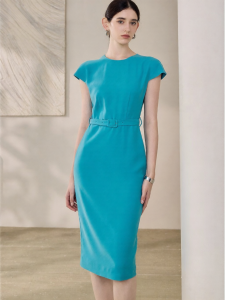 Roey s house | Elegant Commuter Cyan Round Collar Belted Fitted Midi Dress