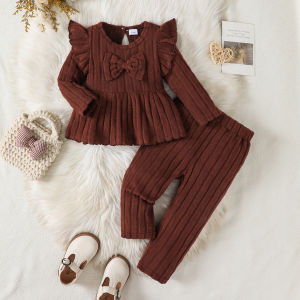 2Pcs Baby Girl Clothes Outfit 2-3 Years Infant Ruffle Long Sleeve Bow Peplum Top + Striped Pants Set Autumn Newborn Baby Apparel