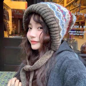 Warm Fleece Winter Knitted Hat Womens Balaclava Style Cap Scarf Two-In-One Thermal Protection Cozy Knitwear Headwear