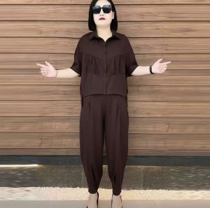 Stylish Slimming Design Thin Summer Female Outfits Short-sleeved Shirts and Trousers