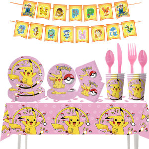Pink Pokemon Pikachu Birthday Party Decoration Tableware Paper Cup Plate Backdrop Tablecloth Balloon For Party Event Supplies