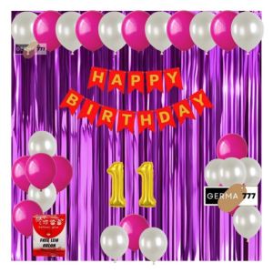 Paket Set Dekorasi Ulang Tahun / Banner Happy Birthday Merah Balon Putih Mix Tirai Ungu