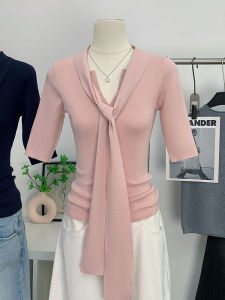 Korean Style V-Neck Short Sleeve Knitted Sweater Womens Slim Fit Waist-Cinching Short Length Belted Top Summer New Arrival