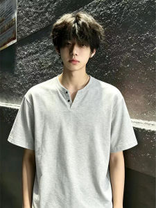 OUMULONG | White and Gray Waffle V-Neck Heavyweight American Youth Fit T-Shirt