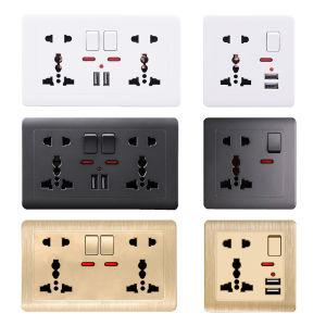 LSG Outlet socket for wall with switch Electric socket wall mounted with USB port 2.1A fast charging 86 Type 5 Holes dark grey PC panel 13A 250V universal power point