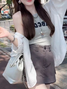 Shalldoer | Áo ba lỗ không tay màu xám ôm vừa vặn cho nữ mùa hè 2025 Áo sơ mi cổ tròn tay ngắn thường ngày cho nữ