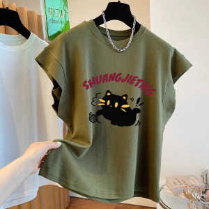 Pure Cotton Short Sleeve T-Shirt Womens Summer New Design Cartoon Cat Shoulder Balance Flying Sleeve Casual Korean Style