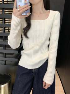 เสื้อเชิ้ตคอเหลี่ยมแขนยาวถักสำหรับผู้หญิง เสื้อชั้นในฤดูใบไม้ผลิและฤดูใบไม้ร่วง เสื้อชั้นในสไตล์ใหม่สำหรับผู้หญิง ฤดูใบไม้ผลิ 2025 เสื้อชั้นในถัก