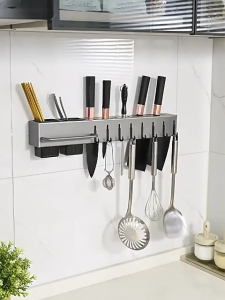 【Daily Suki Store】No-Drill Wall Mount Knife Holder 40/50/60cm | Stainless Steel Kitchen Utensil Rack with Hooks Rustproof Organizer for Cooking Tools Towel & Chopstick Storage