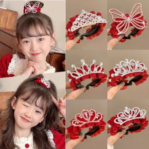 New Years Crown Princess Hairpin Girls Ponytail Buckle Red Festive New Year Hair Accessories