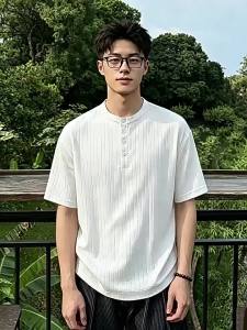 OUMULONG | Stylish Breathable Knitted Henry Collar Mens Summer T-Shirt