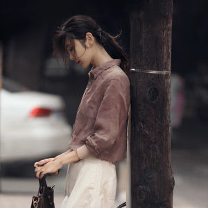 XIAOMENG | Navy Vintage Loose Fit Cotton Shirt for Women