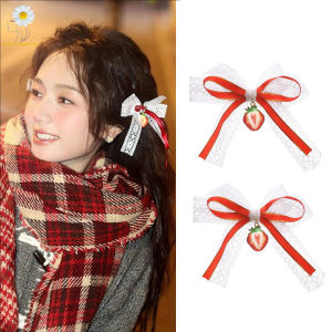 1pair Red Strawberry Hair Clip Cute Lace Bow Strawberry Hairpins Side Hair Barrettes Festival Headwear Girls