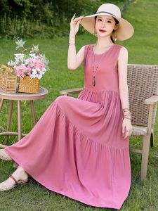 ชุดเดรสยาวผ้าไหมคอตตอนสีพื้นสไตล์ฝรั่งเศสสำหรับผู้หญิงในช่วงฤดูร้อน แขนกุด กระโปรงทรงเค้ก ความยาวปานกลาง คอตตอนผสม