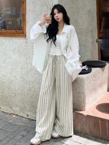 Quần Ống Rộng Kẻ Sọc Dài Thường Ngày Cho Nữ Quần Ống Rộng Mỏng Dáng Rộng Thoải Mái Thoáng Khí Mùa Hè