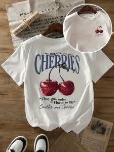 Summer Sweeter Cherries Prints T-Shirts Womens Cotton Oversized T Shirts Basic O-Neck Short Sleeve Tops Casual Woman Clothes