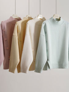 New Spring Fashion Knit Top Half-high Collar False Button