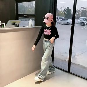 Jeans for Kids Girls Wide Leg Trousers 5-16 years Denim Jeans Loose Pants Fashion Pocket Embroidery Rivets Korean Trousers Loose Jeans Straight Leg Denim Jeans for Kids Girls