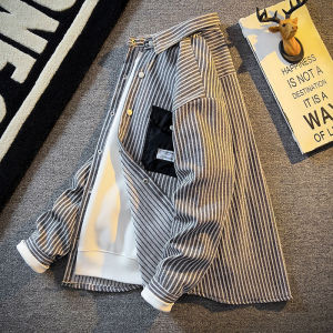 Japan fashion Retro Pocket Stripe Shirts Mens Long sleeve Top Jacket Spring and Autumn High-Grade Casual Shirt Outerwear
