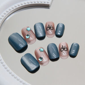 24 Pcs/box Blue Shiny Cat Eyes Crystal Fake Nails Blue Star Rhinestone Fake Nails French Bow Nail