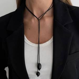 Salircon 4 Colors Simple Irregular Resin Bead Pendant Choker Necklace Women Black Wax Rope Adjustable Sweater Chain Jewelry Gift
