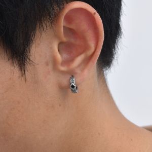 Kemstone Punk Mens Stainless Steel Hoop Earrings Black Rhombus Design for Pierced Ears