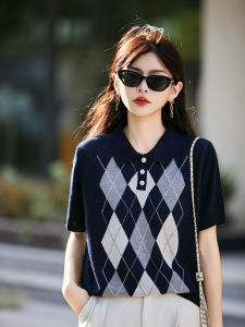 YUEXINYIRONG | French Style Diamond Pattern POLO Collar Knitted Short Sleeve T-shirt