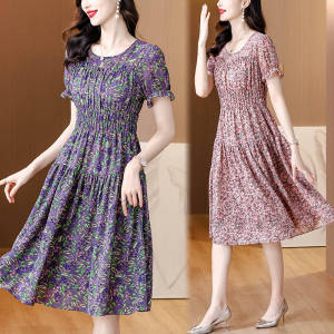 Impression Fashion Women Elegant Floral Round-neck Short Ruffle Sleeve Tunic A-line Draped Midi Dress Plus Size