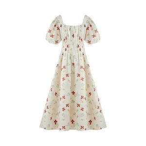 French Style Square Neck Waist Accentuating Floral Dress