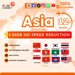 Asia 12 countries eSIM | Macao+Taiwan included | 5-20GB High Speed | 30 Days Data Plan | Raize Connect