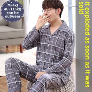 Men Pajamas Spring and Autumn 100% Pure Cotton Long Sleeve Suit Dad Casual Cardigan plus Size Homewear Can Be Outwear