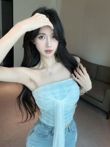 GUZILIAN | Korean Style Lace Trim Bandage Design One Shoulder Wrap Chest Vest With Built-in Chest Pad Summer New Fashion Top For Women