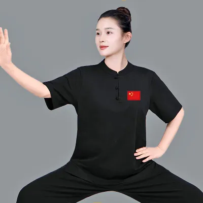 Womens Summer New Tai Chi Uniform Breathable Pure Cotton Short Sleeve Tai Chi T-Shirt Eight Section Golden Bridge Practice Suit