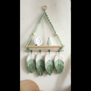 Macrame Wall Hanging Shelf Boho Plant Hanger with Hand-Woven Leaves Rustic Wood Storage Display Rack for Kitchen Bathroom Home Storage - Floating Shelf for Indoor Plants and Decor