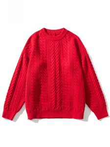 ROMON | เสื้อสเวตเตอร์คอปกกลมหนาสำหรับผู้ชาย แฟชั่นฤดูหนาว สีแดงสด ผ้าถัก แขนยาว ทรงตรง ลำลอง เสื้อชั้นในด้านใน