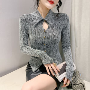 Yimei 2024 Mùa Xuân phiên bản Hàn Quốc mới Lật Áo có cổ Cho Phụ Nữ Với thiết kế phá cách Và Mỏng Xuất hiện cay Cô Gái Nặng Ngành Công Nghiệp kim cương nổi bật Hàng Đầu Cho Phụ Nữ