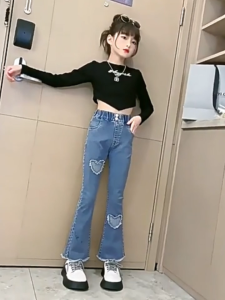 LJMOFA Girl Denim Pants for Kids 4-13 Yrs Fashionable Loose Bell Bottoms Jeans for Kids Girl