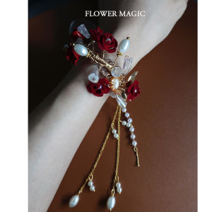 Wine Red Small Rose High-End Velvet Festive Pearl Tassel Crystal Bride and Bridesmaid Wedding Tie Wrist Flower Bracelet