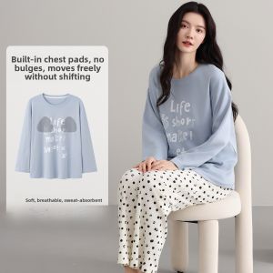 Miiow | Pure Cotton Sleepwear Womens Spring Autumn Long Sleeve Long Pants Fresh Sweet Ladies Home Clothes With Chest Pad